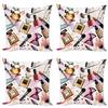 Ambesonne Fashion Throw Pillow Cushion Case Pack of 4, Cosmetic and Makeup Theme Pattern Perfume Lipstick Nail Polish Brush Modern, Modern Accent Double-Sided Digital Printing, 24", Coral White view 1