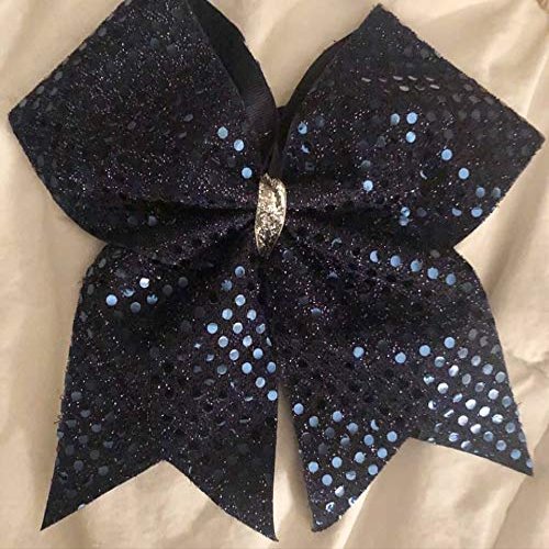 CHEER BOW - NAVY BLUE SEQUINS FULL CHEER BOW Cheer Hair Bow, Sequin Overlay - Cheer Hair Bows with Elastic Bands