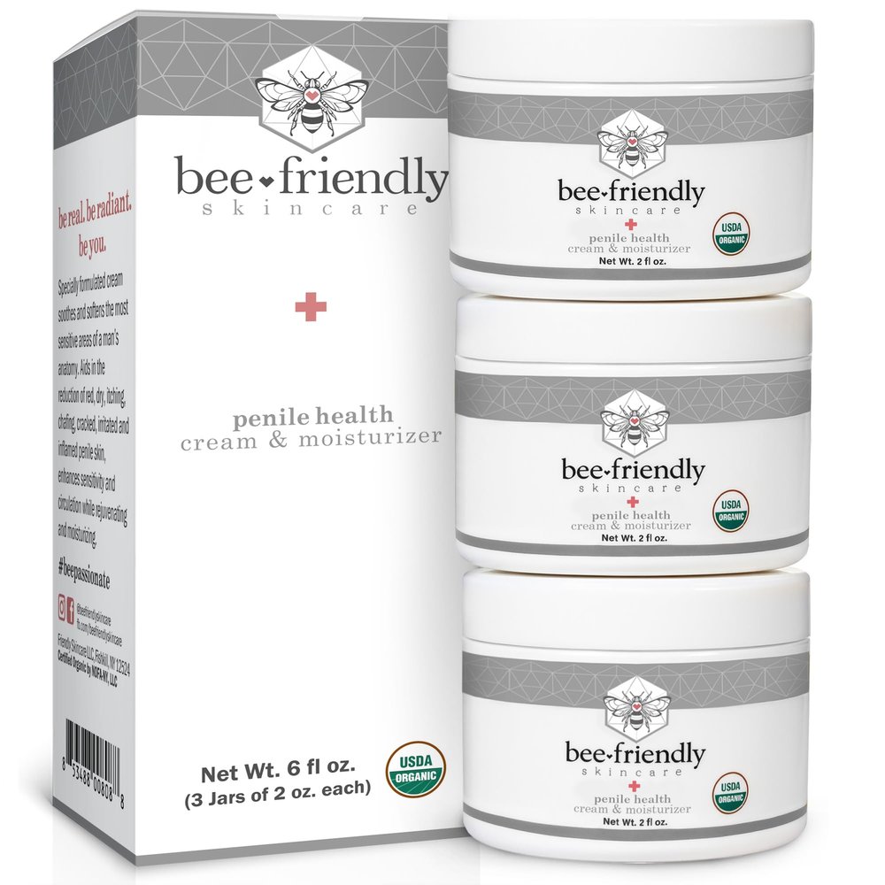 BeeFriendly Organic Penile Health Creme, USDA Certified Cream, Natural Moisturizer Aids With Dry, Chafed, Itchy, Irritated & Sensitive Male Skin, 6 oz - (3 Jars in a box)