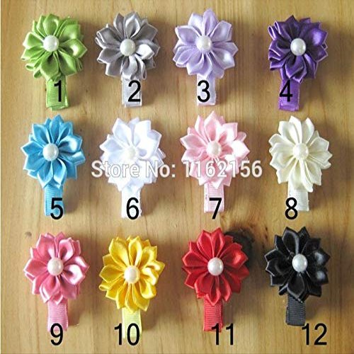Utini 120pcs/lot Mini Satin Pearl Flower with Hair Clip,Ribbon Lined Alligator Hair Clip for Baby Child,Girs' Flower Clips
