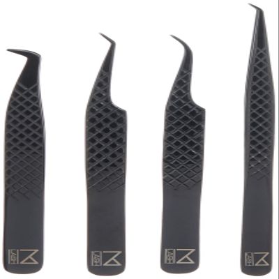 M LASH Tweezers for Eyelash Extensions (Set of 4) - Professional Lash Extension Tweezers - Fiber Tip, Japanese Steel, Diamond Grip Eyelash Extension Tweezer (Black)