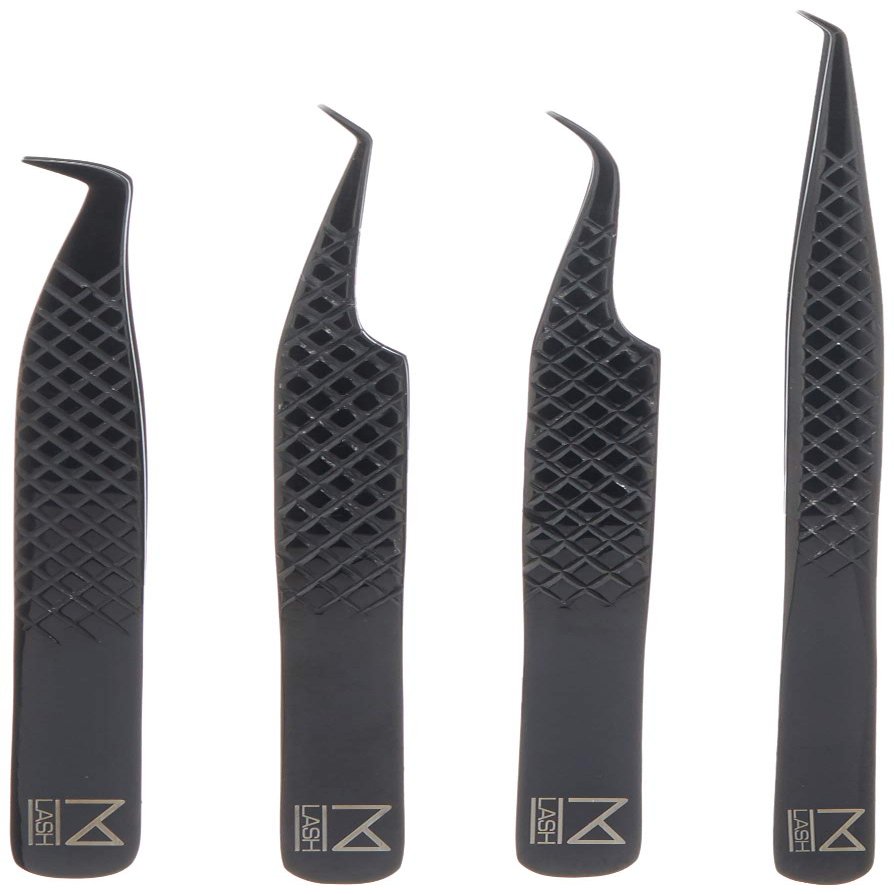 M LASH Tweezers for Eyelash Extensions (Set of 4) - Professional Lash Extension Tweezers - Fiber Tip, Japanese Steel, Diamond Grip Eyelash Extension Tweezer (Black)