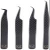 M LASH Tweezers for Eyelash Extensions (Set of 4) - Professional Lash Extension Tweezers - Fiber Tip, Japanese Steel, Diamond Grip Eyelash Extension Tweezer (Black) view 1