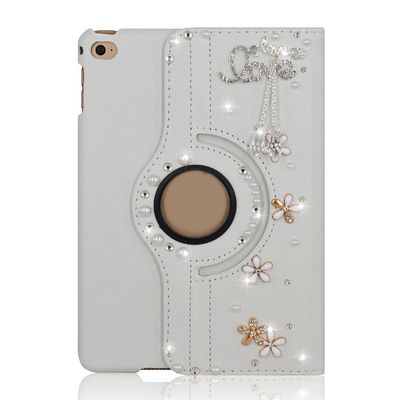 STENES Bling Case Compatible with Samsung Galaxy Tab A 10.1 2019 - Stylish - 3D Handmade Crystal Flowers Pendant Floral 360 Degree Rotating Stand Case with Smart Cover Auto Sleep/Wake - White