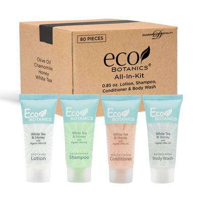 Eco Botanics Toiletries Set | 1-Shoppe Amenities Kit | 0.85oz Shampoo & Conditioner, Body Wash, Lotion | Travel Size | 80 Pieces