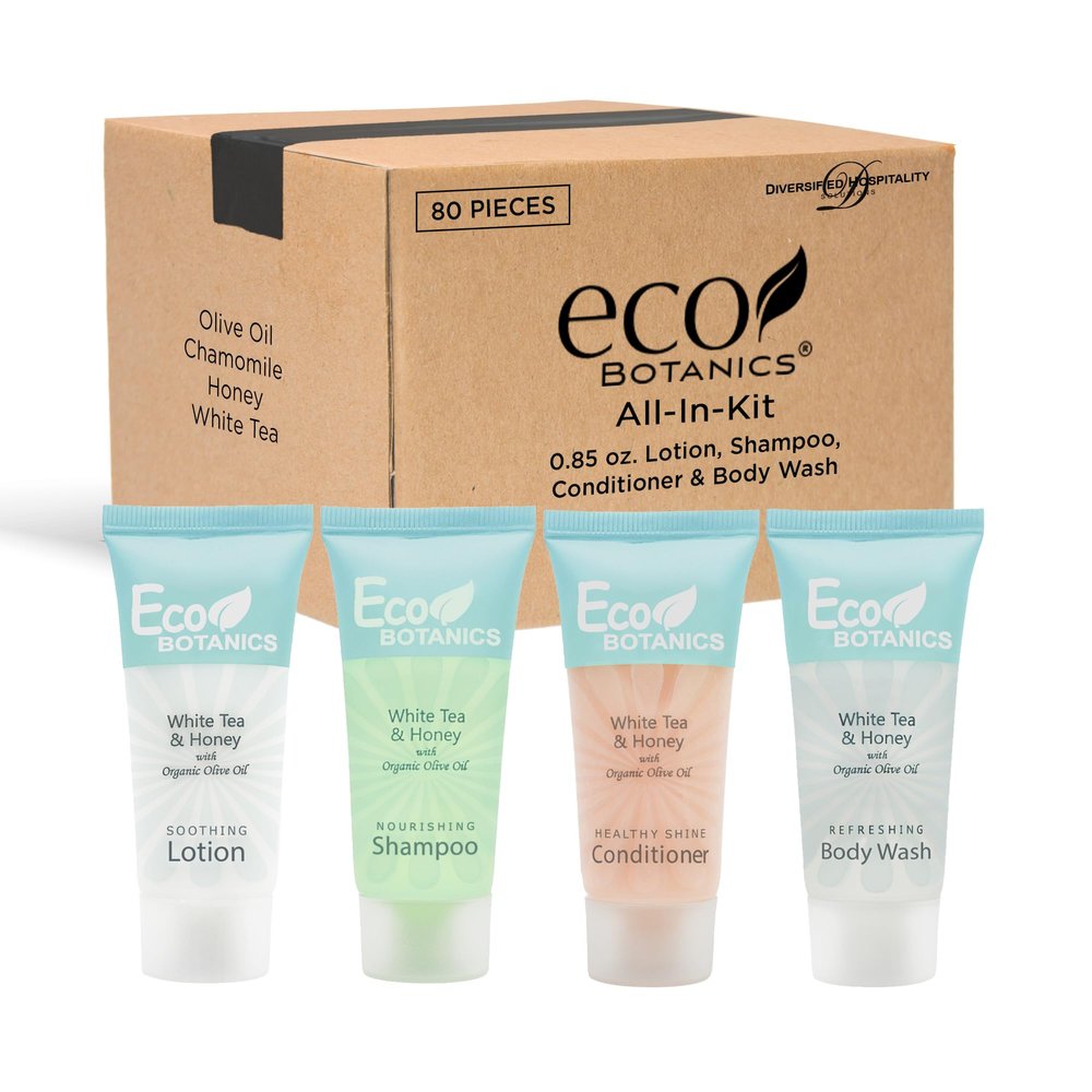 Eco Botanics Toiletries Set | 1-Shoppe Amenities Kit | 0.85oz Shampoo & Conditioner, Body Wash, Lotion | Travel Size | 80 Pieces