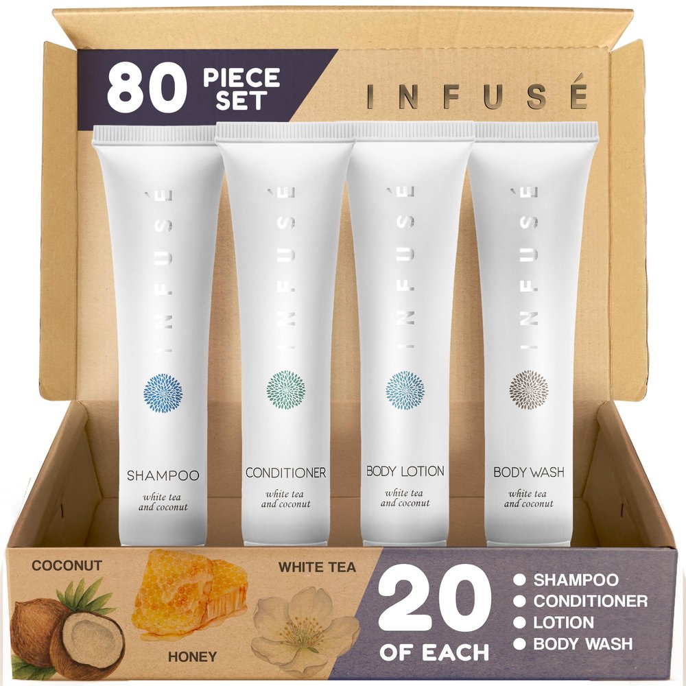Infuse White Tea & Coconut Hotel Toiletries Bulk Set | 1-Shoppe Amenities Kit | 1oz Shampoo & Conditioner, Body Wash, Lotion | Travel Size | 80 Pieces