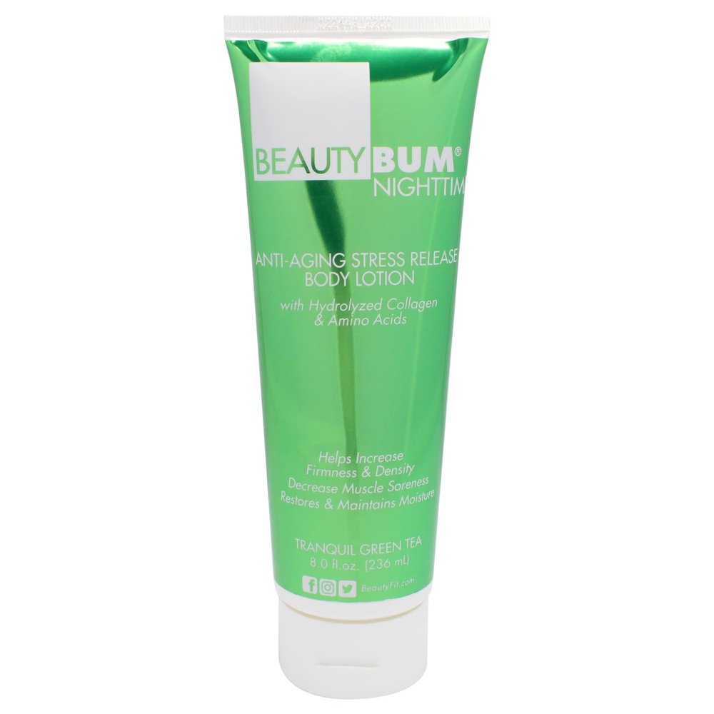 BeautyFit BeautyBum Nighttime Anti-Aging Stress Release Body Lotion - Helps Muscle Recovery - Moisturizes, Smoothes Skin - Tranquil Green Tea - 8 oz