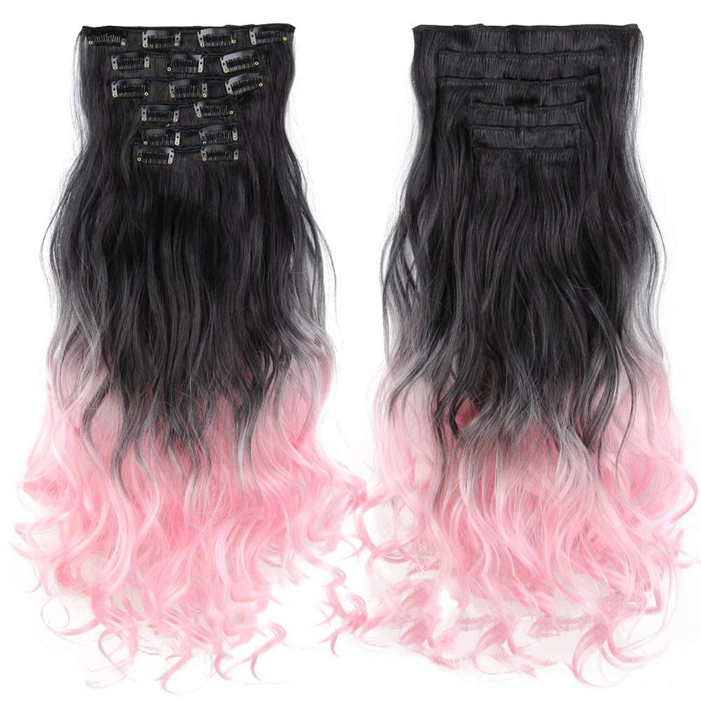 22" Synthetic Long Curly Hair Heat Resistant Women Hair Extension 6 pcs/Set Clip In Ombre Hairpiece1BT2317#