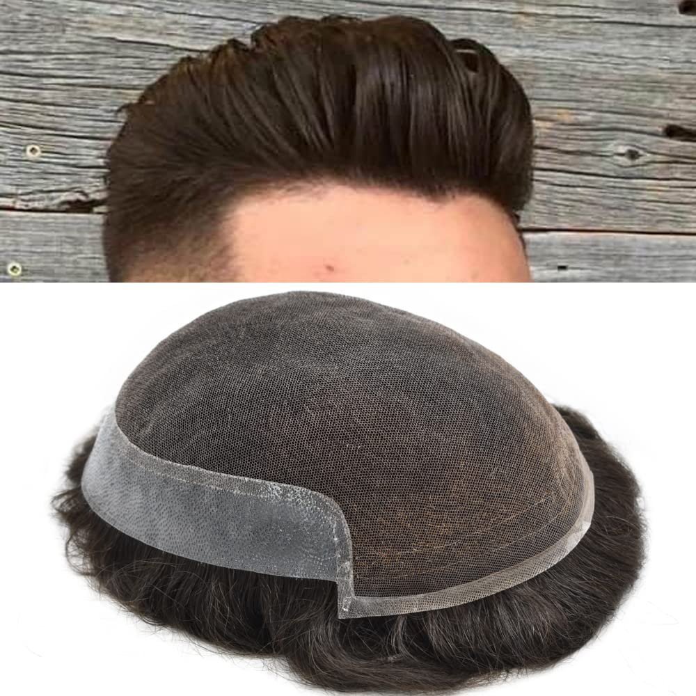 Toupee For Men Hair System Swiss Lace Hair Pieces Human Hair Mens Toupee Men Hair Replacement System (6 * 9, 1B# Off black-120% density)