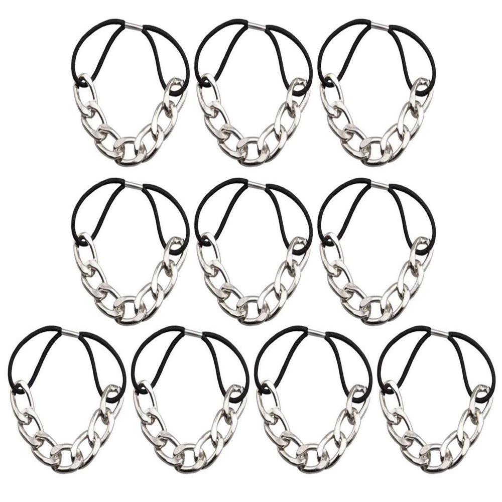 10 Pcs Modern Gold Chain Hair Tie with Dubble strands Elastic Hair Accessories Hair Ropes Fashion Headbands Ponytail Holders Hair Rings Hairband for Girl Lady Color Random (Silver)