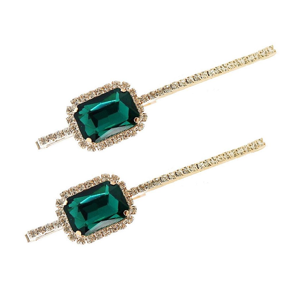 2PCS Crystal Hair Pins Rhinestone Hair Clips Bobby Pins Hair Barrettes for Women Ladies Girls (Green)