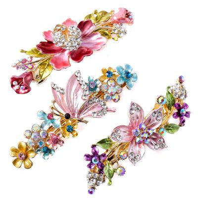 3PCS Colorful Vintage Rhinestones Flower Design Hair Barrettes Flower Butterfly French Hair Clips Bridal Hair Jewelry for Women Girls