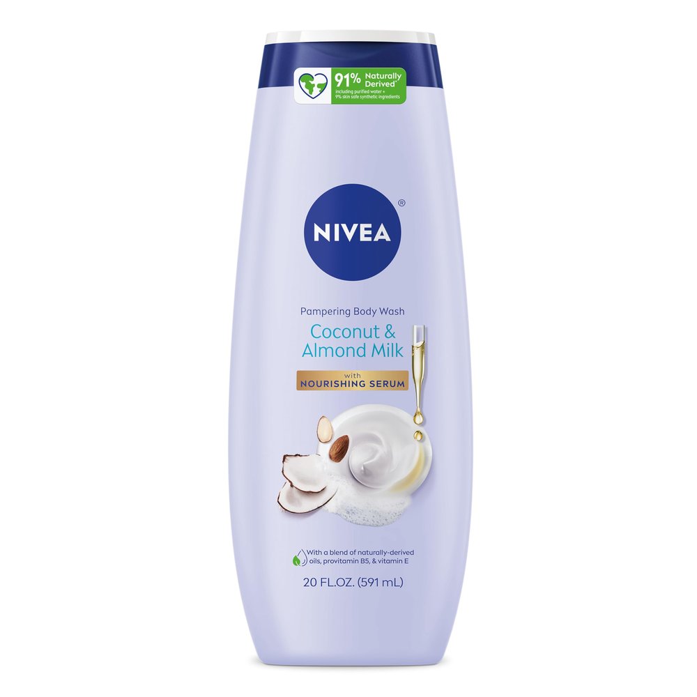 NIVEA Pampering Coconut and Almond Milk Body Wash with Nourishing Serum, Moisturizing Body Wash for Women, Enriched with Provitamin B5 and Vitamin E, 20 Fl Oz Bottle