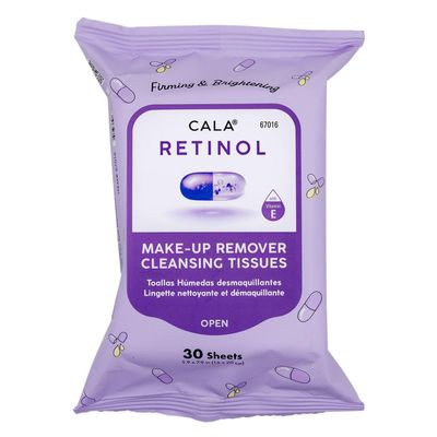 CALA Makeup Remover Cleansing Tissues: Retinol (30 Sheets) - Anti-Aging, Hydrating Wipes for a Smooth, Radiant Complexion, Gentle on All Skin Types (30ct, Retinol)