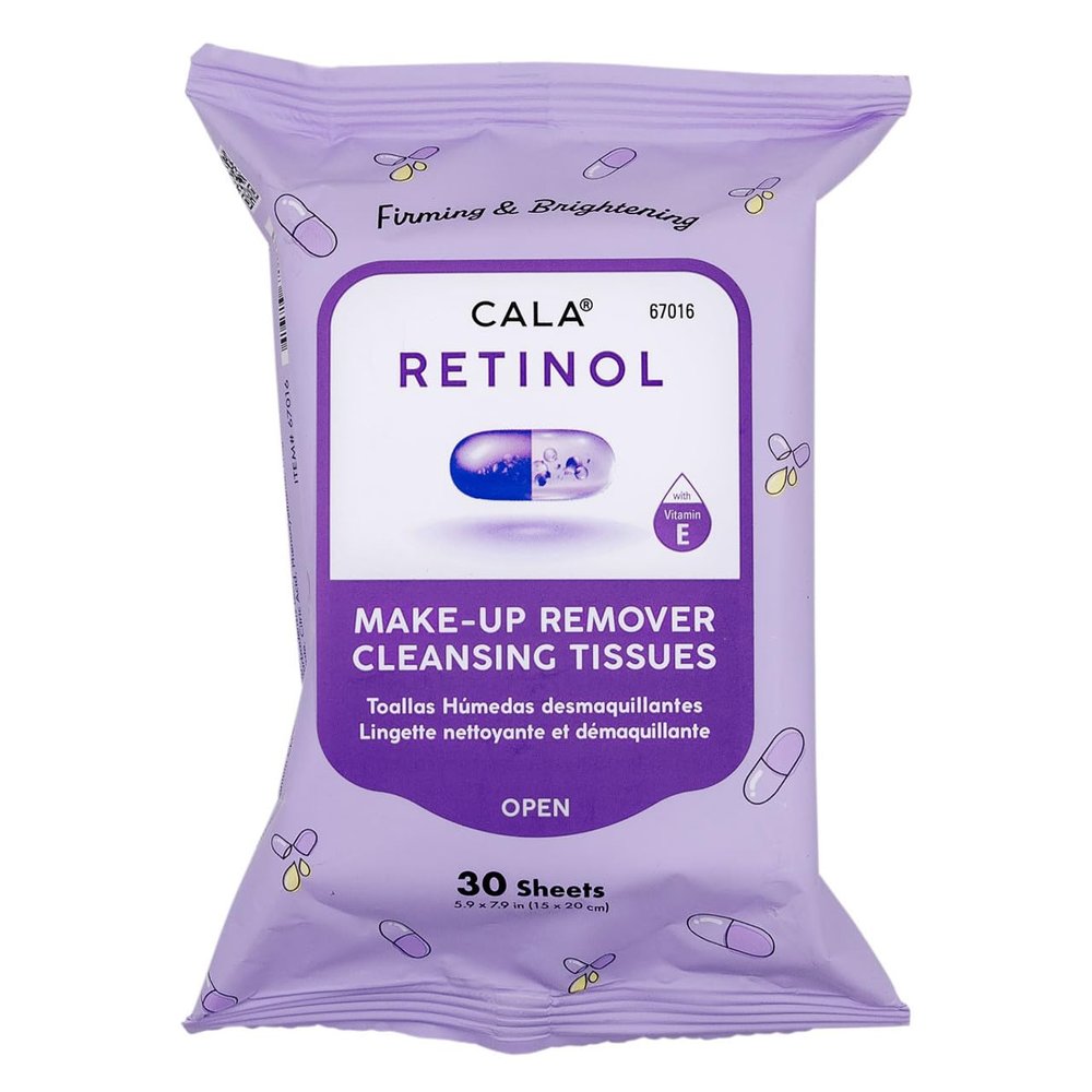 CALA Makeup Remover Cleansing Tissues: Retinol (30 Sheets) - Anti-Aging, Hydrating Wipes for a Smooth, Radiant Complexion, Gentle on All Skin Types (30ct, Retinol)