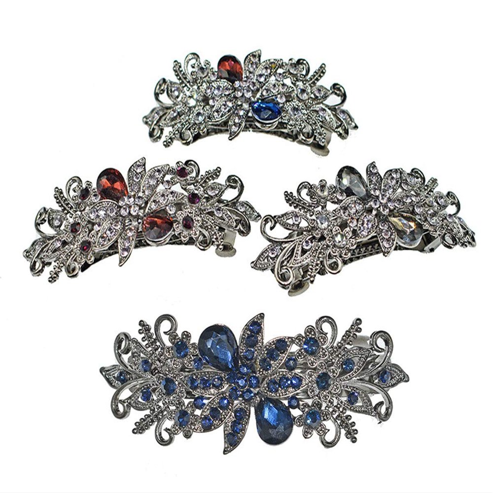 4PCS Retro Vintage Metal French Barrette Rhinestones Flowers Spring Clip Hair Clips Hairpins Clasps Hair Accessories