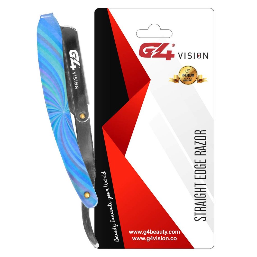 G4 Vision Stainless Steel Straight Edge Barber Shaving Razor with Blade for Close Shaving Men Folding Replaceable Blades (Blue Rainbow)