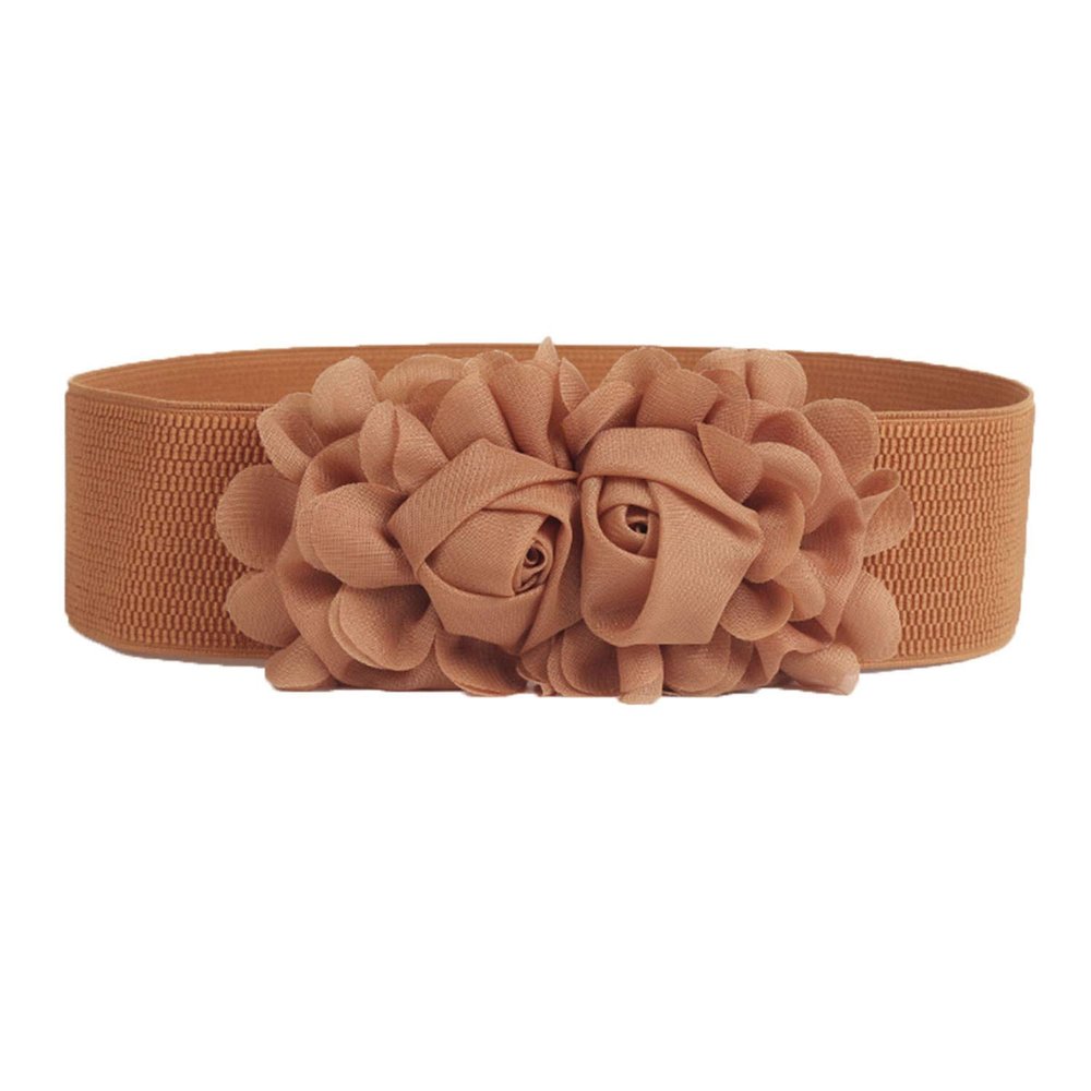 Andongnywell Women Flower Wide Waist Belt Elastic Stretch Rose Double Flower Belts for Dress High Waist Belts Waist Band (Camel)