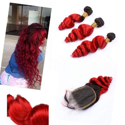 Ombre Peruvian Bundles with Closure Loose Wavy #1B/#Red Mixed Length 4 with 4 Inches 3 Bundles Peruvian Ombre Hair Bundles with Closure