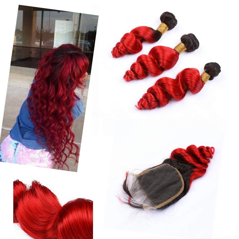Ombre Peruvian Bundles with Closure Loose Wavy #1B/#Red Mixed Length 4 with 4 Inches 3 Bundles Peruvian Ombre Hair Bundles with Closure