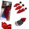 Ombre Peruvian Bundles with Closure Loose Wavy #1B/#Red Mixed Length 4 with 4 Inches 3 Bundles Peruvian Ombre Hair Bundles with Closure view 1