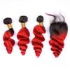 Ombre Peruvian Bundles with Closure Loose Wavy #1B/#Red Mixed Length 4 with 4 Inches 3 Bundles Peruvian Ombre Hair Bundles with Closure view 2