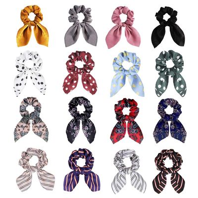 DINPREY Solid Colors Hair Scrunchies with Dotted Striped Floral, 16 Pcs, Satin, Unisex, All Ages, Cute Bunny Ears, Bowknot, Pony Tail, Bow, Paisley Hair Accessories