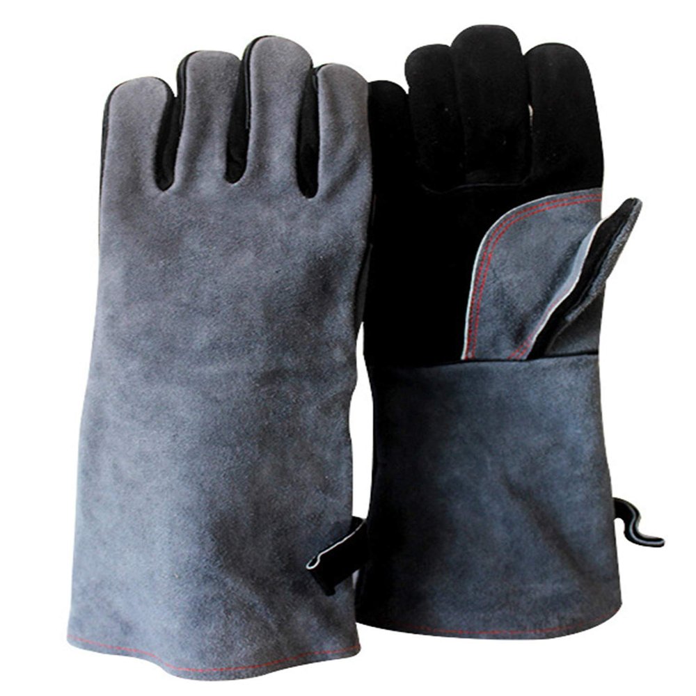 Heat Resistant Gloves High Temperature Gloves Grill BBQ Gloves Leather Glove with Long Sleeve for Men Women (Gray)