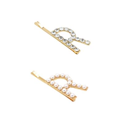 2pcs Bridal Rhinestone Bobby Wedding Hair Clips Letter Hair Rhinestone Word Gold Bobby Clips Pearl Tiara Pearl Pin Pins Bride South Korea