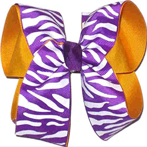 Rainbows By Paulette OV-1738L Large Geaux Tigers LARGE Purple and White Tiger Stripe over Yellow Gold Hair Bow