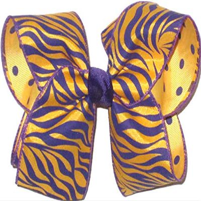OV-2817L Large Geaux Tigers Purple and Gold Tiger Stripes over Purple Dots on Yellow Gold Hair Bow