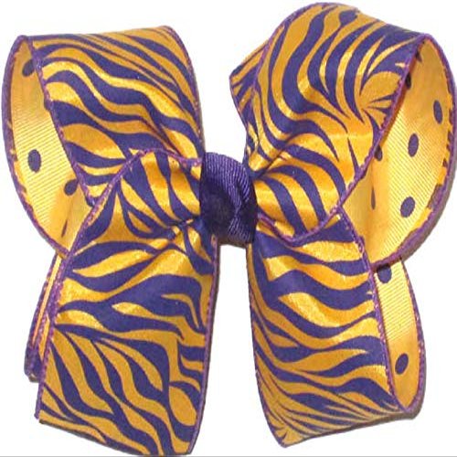 OV-2817L Large Geaux Tigers Purple and Gold Tiger Stripes over Purple Dots on Yellow Gold Hair Bow