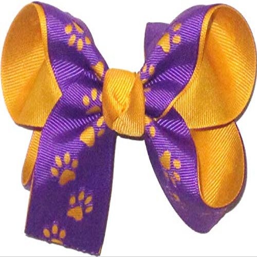 Rainbows By Paulette OV-2812M Medium Geaux Tigers Purple with Die Cut Tiger Paws over Yellow Gold Hair Bow