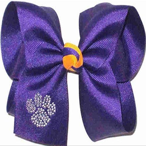 BBJ-102L Large Geaux Tigers Large Crystal Paw on Regal Purple with Yellow Gold Knot Hair Bow