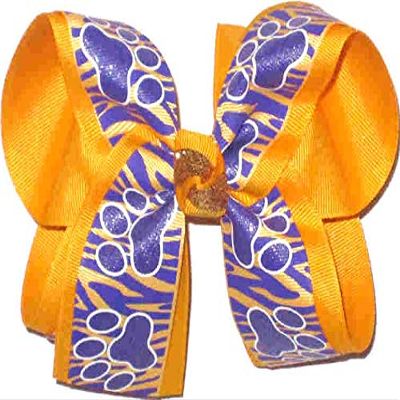 OV-2586L Large Geaux Tigers Purple and Yellow Gold Tiger Stripes with Purple Paw Prints over Yellow Gold Hair Bow