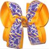OV-2586L Large Geaux Tigers Purple and Yellow Gold Tiger Stripes with Purple Paw Prints over Yellow Gold Hair Bow view 1