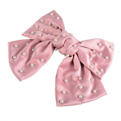 5 Inch Imitation Pearl Big Satin Solid Ribbon French Barrette Soft Silky Hair Bow Clip Bow Hair Clips Women Lady Girls Hair Barrettes (Pink)