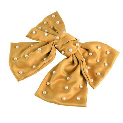 5 Inch Imitation Pearl Big Satin Solid Ribbon French Barrette Soft Silky Hair Bow Clip Bow Hair Clips Women Lady Girls Hair Barrettes (Ginger Yellow)