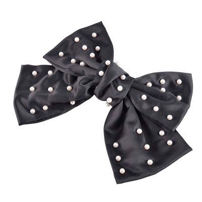 5 Inch Imitation Pearl Big Satin Solid Ribbon French Barrette Soft Silky Hair Bow Clip Bow Hair Clips Women Lady Girls Hair Barrettes (Black)