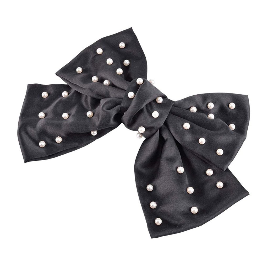 5 Inch Imitation Pearl Big Satin Solid Ribbon French Barrette Soft Silky Hair Bow Clip Bow Hair Clips Women Lady Girls Hair Barrettes (Black)