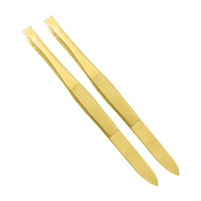 AAProTools (2 Pack) Flat Tweezers - Gold Stainless Steel Flat Tip Tweezers Hair Plucker for Hair and Eyebrows Personal Care (Gold)