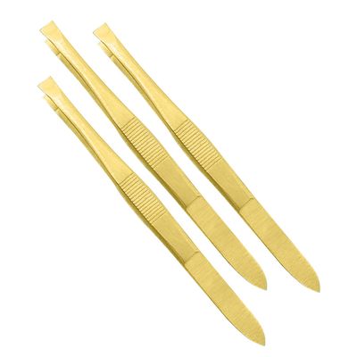 AAProTools (3 Pack) Gold Flat Tweezers - Stainless Steel Flat Tweezers Hair Plucker for Hair and Eyebrows Personal Care (GOLD)