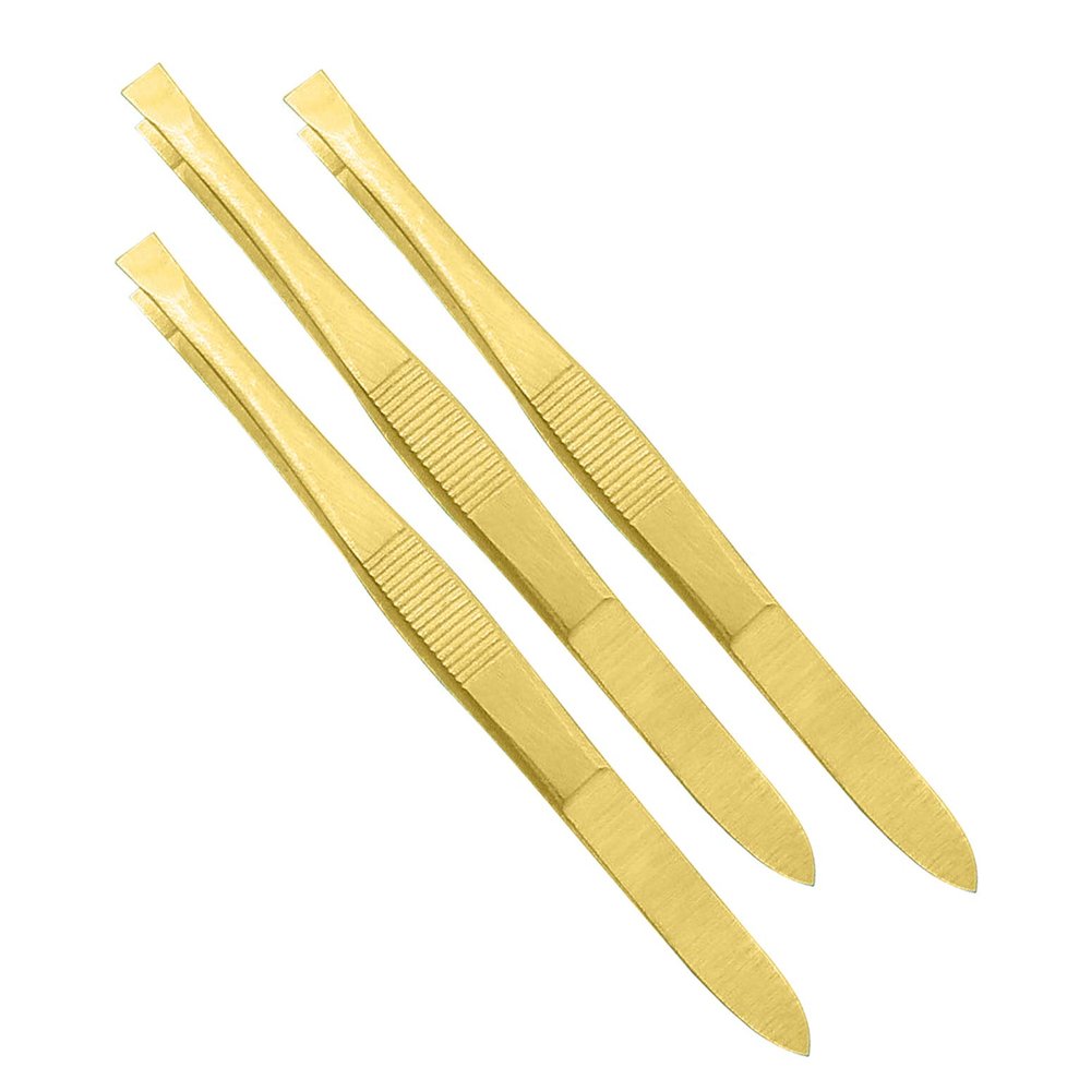 AAProTools (3 Pack) Gold Flat Tweezers - Stainless Steel Flat Tweezers Hair Plucker for Hair and Eyebrows Personal Care (GOLD)