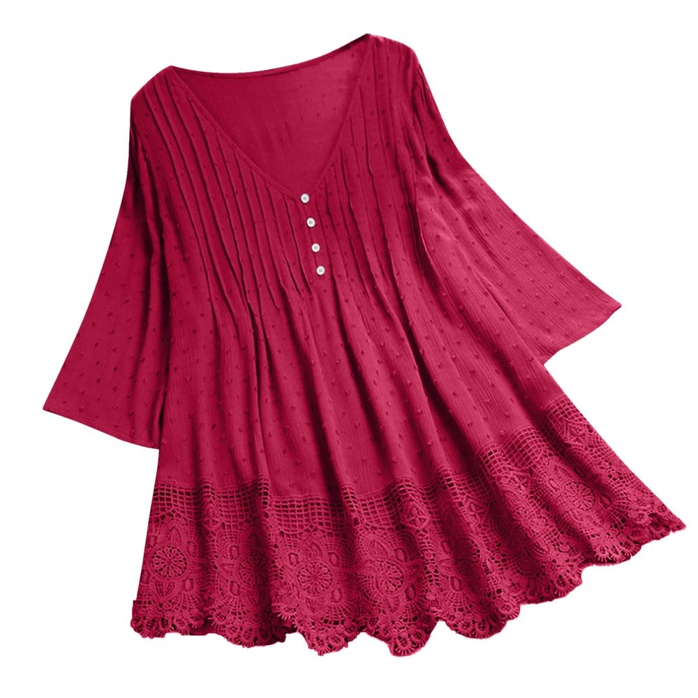 Aniywn Women Round Neck Lace Up Lace Patchwork Flare Pullover Top Casual Plus Size 3/4 Sleeve Floral Printed T-Shirt
