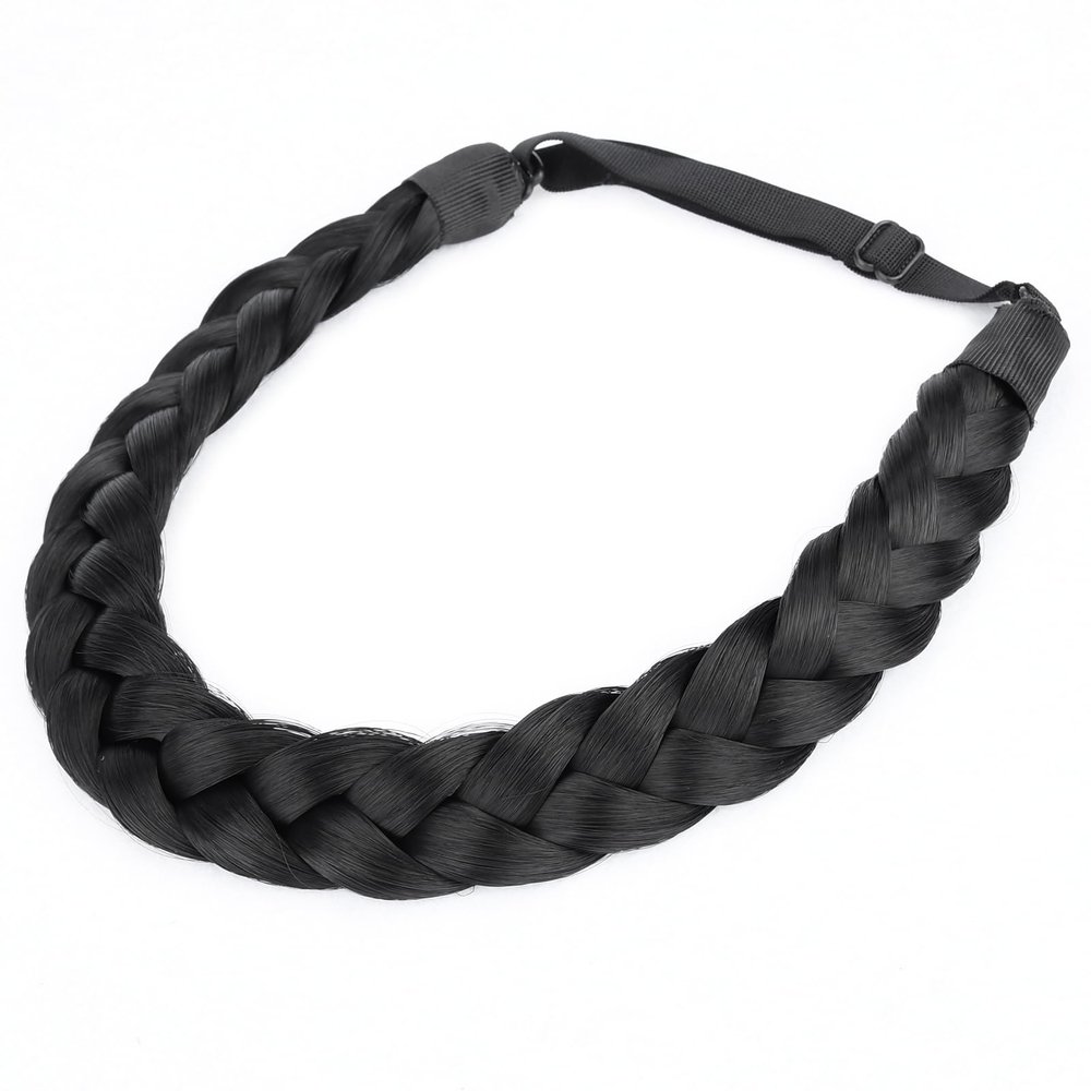BOBIYA 2 Strands Synthetic Hair Braided Headband Classic Chunky Plaited Braids Elastic Stretch Hairpiece for Women Girl (Natural Black)