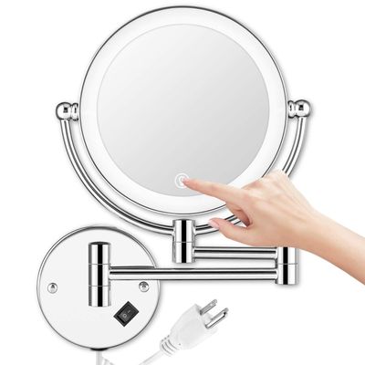 AMZNEVO Wall Mounted Lighted Makeup Mirror, 8 Inch Double-Sided 1X 5X Magnifying Mirror for Bathroom, 11'' Extendable Arm, 360 Swivel, Touch DimmableLED Lights, Powered by Plug in, Chrome