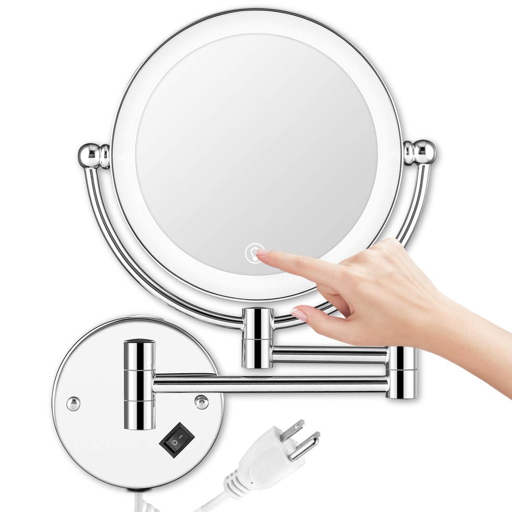 AMZNEVO Wall Mounted Lighted Makeup Mirror, 8 Inch Double-Sided 1X 5X Magnifying Mirror for Bathroom, 11'' Extendable Arm, 360 Swivel, Touch DimmableLED Lights, Powered by Plug in, Chrome