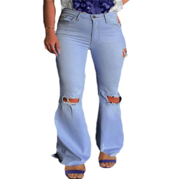 Andongnywell Women Ripped Flare Jeans Destoryed Mid Waist Bell Bottom Denim Pants Butt Lift Push Up Wide Leg Denim Pants (Blue,Medium)