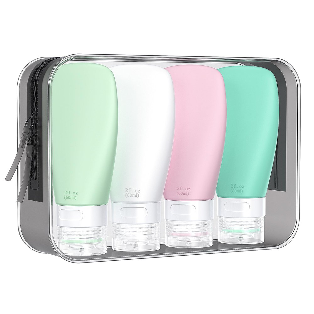 INSFIT Travel Bottles for Toiletries, TSA Approved 2oz Leak Proof Silicone Squeezable Containers, BPA Free Refillable Vacation Essentials for Shampoo Body Wash Liquids (4 Pack)